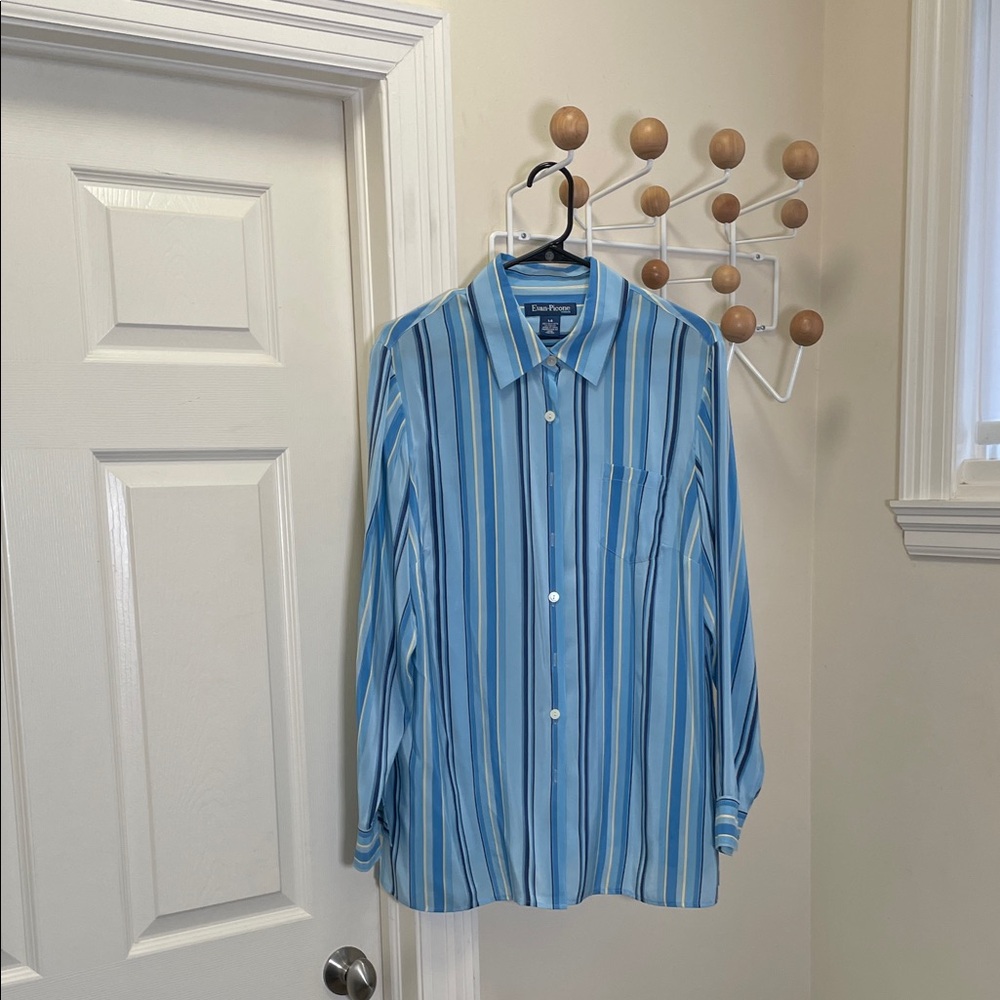 Evan-Picone - Silk Classic Button Down Silk Long Sleeve - Blue / Yellow - 14